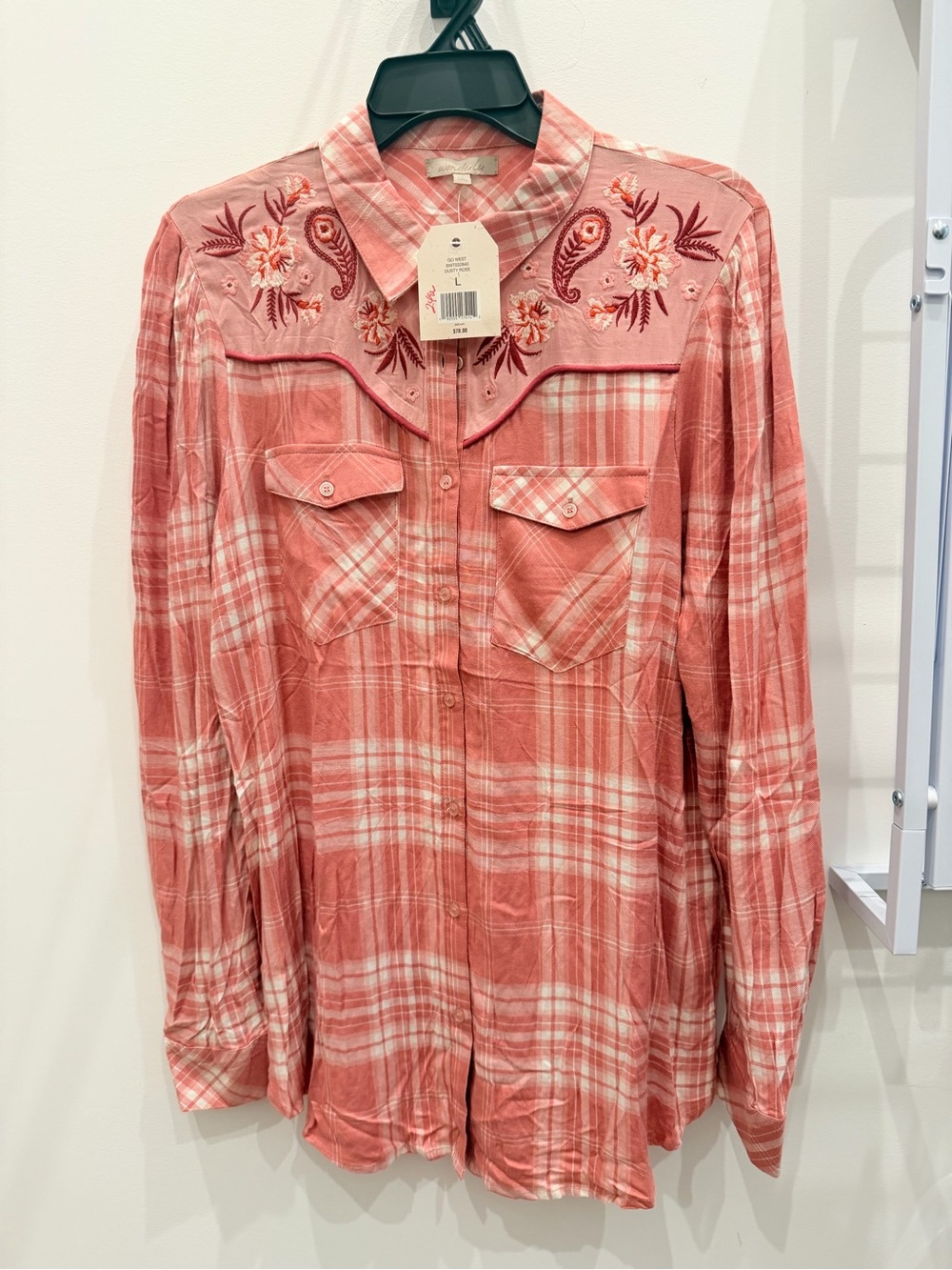 Embroidered Plaid Western Shirt - Coral Pink Size Large New with tag